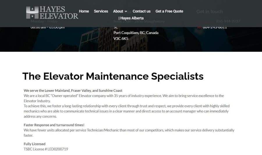 Hayes Elevator services section