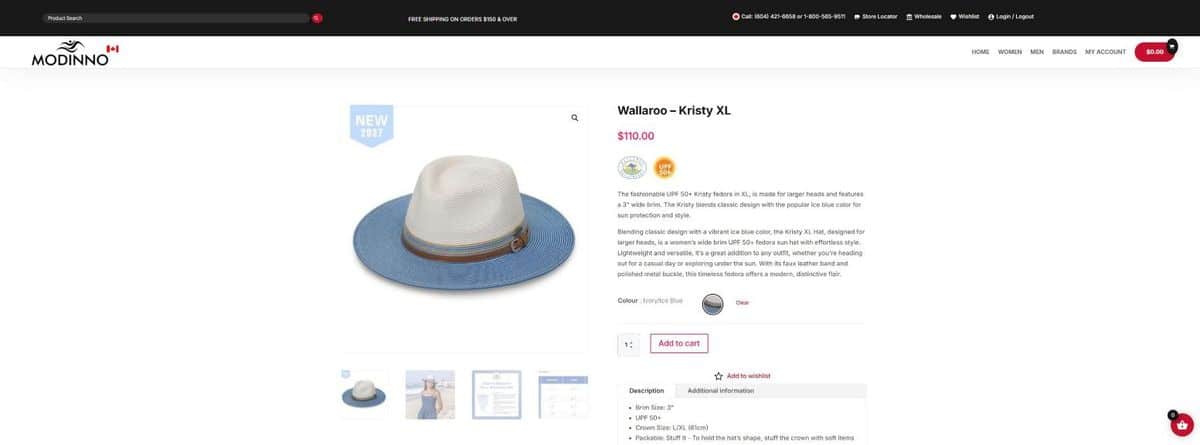 Modinno product page for the Wallaroo Kristy XL hat